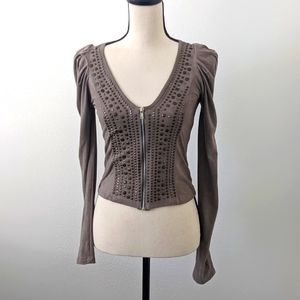 color in motion embellished front zip top sz S